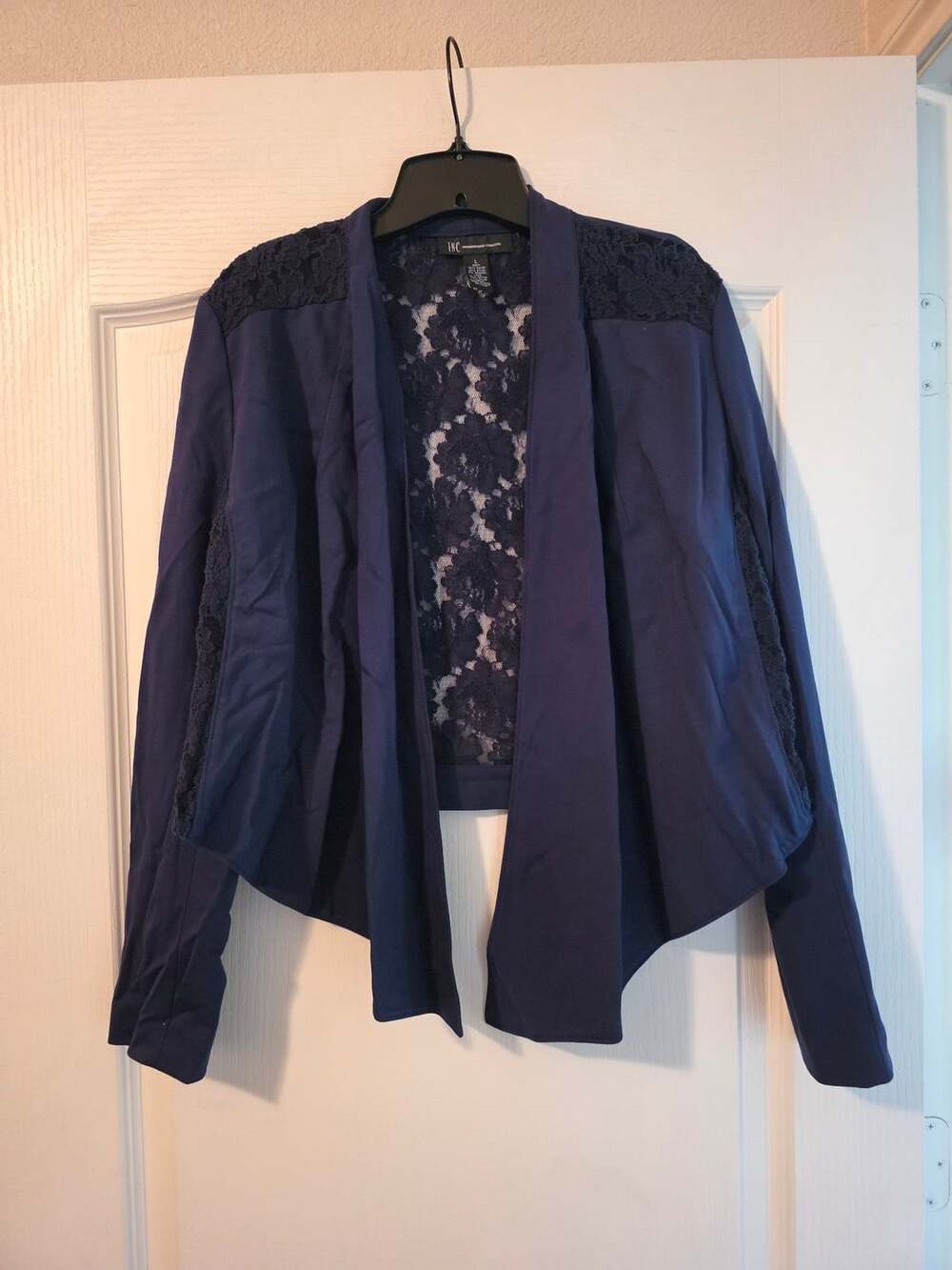 INC International Concepts Jacket Size Large Navy Blue Lace Open Front Blazer